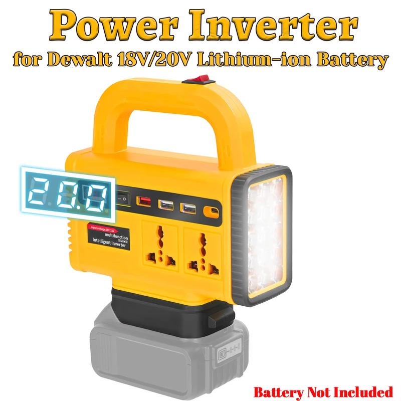 Outdoor Power Adapter Usb C - 150Wの電源インバーター。DC18VをAC220Vに変換。LEDライトとUSB-Cポートを搭載。Dewalt 20Vバッテリーに対応。屋外での電源供給に最適。