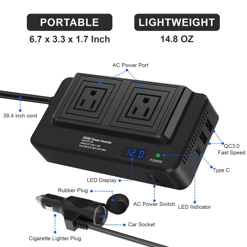 200Wカーパワーコンバーター、2つのUSBポートとType - Outdoor Power Adapter Usb C のレビューと価格
